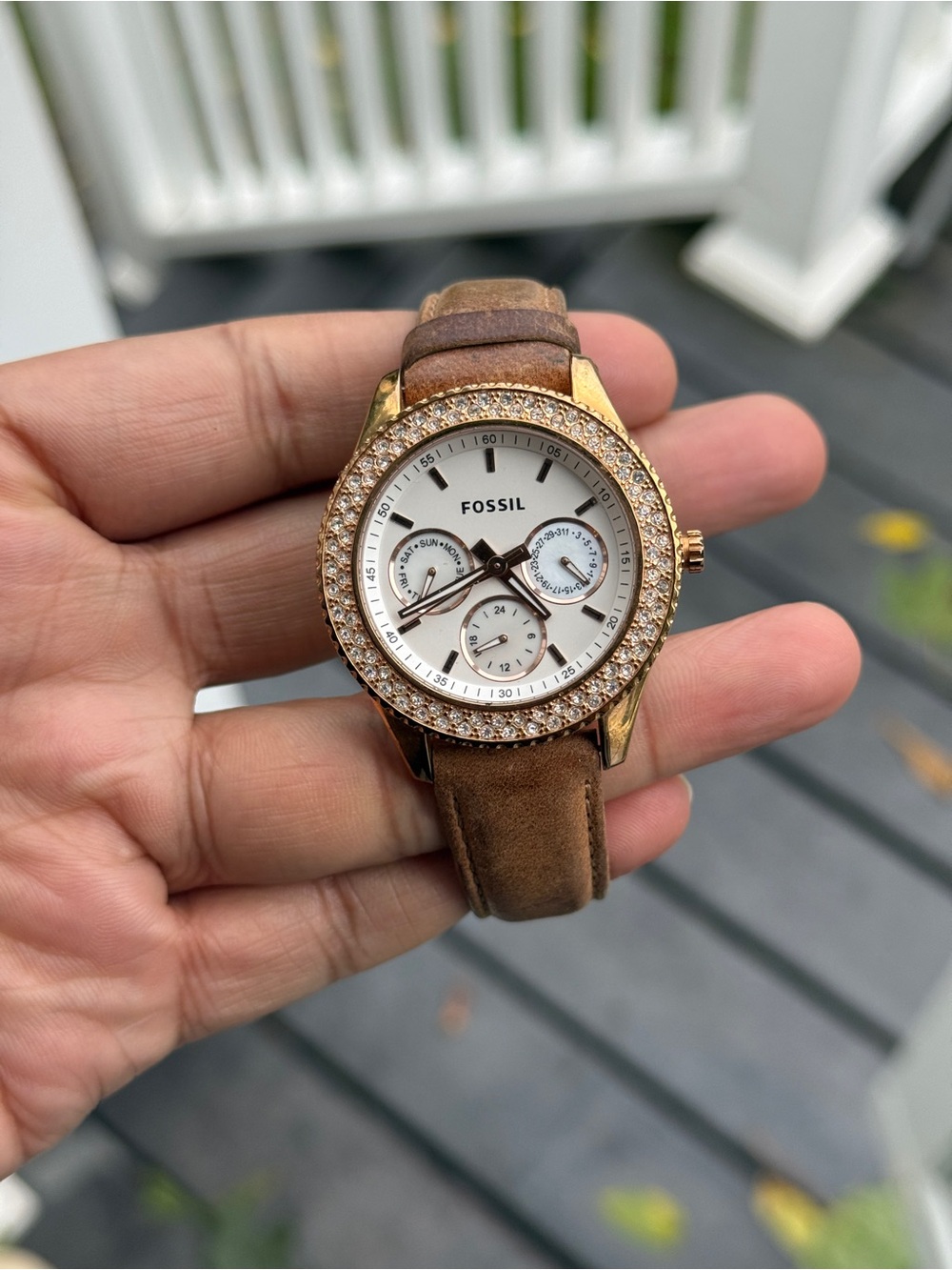 Fossil Womens Rose Gold Crystal Bezel Watch with Brown Leather Strap